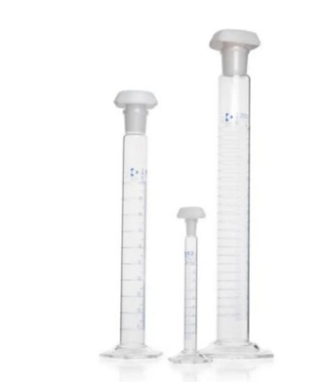 DWK DURAN Mixing Cylinder 500 ml, Class A, Batch Certificate, Blue Graduation, Hexagonal Base, Main Points Ring Graduation, NS 34/35, Plastic Stopper_1590011