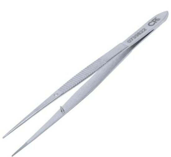 Cole-Parmer Essentials Stainless Steel Tweezers, w/ Pin, Straight Fine Tips, Serrated, 101mm_1892933