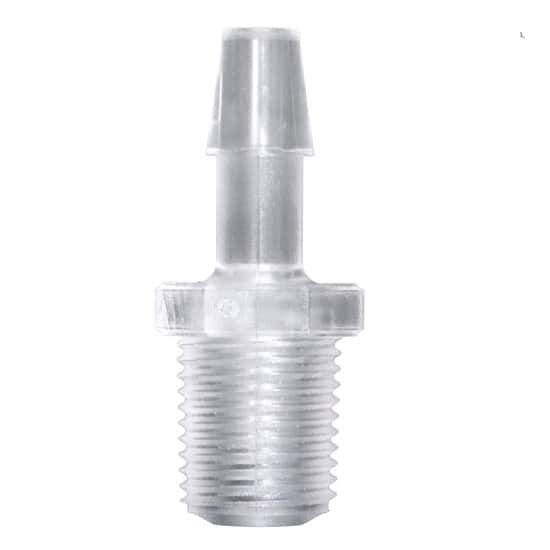Cole-Parmer Threaded to Hose Barb Fitting, Straight Adapter, Natural Polycarbonate, 1/16" NPT(M) x 1/8" ID; 10/Pk_2278990