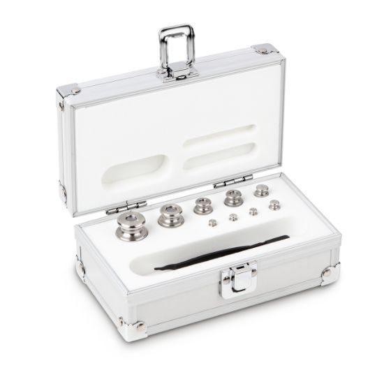 Set of weights, OIML Class M2, Nominal value 1 g - 100 g, Knob, stainless steel fine turned, in aluminium case_1930780