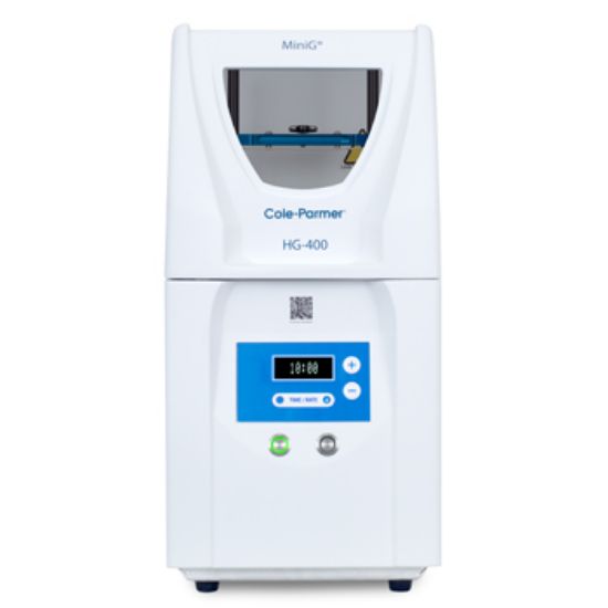 Spex HG-400 MiniG homogenizer showing lid, clamp and control panel