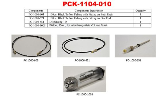 Consumable Parts Package for 10ml Burivar I/2 Interchangeable Buret. Includes 10mL syringe with unique serial number and QC report, with all replacement black teflon tubing, and PEEK dispense tip. 3-way valvee is not included._1856743
