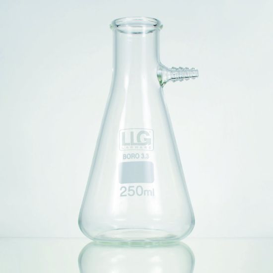 LLG-Filter flasks with nozzle, borosilicate glass 3.3Filter flask with side-arm made of glass. With heavy wall for vacuum apllications.-Erlenmeyer shape-White graduation and inscription_1906329