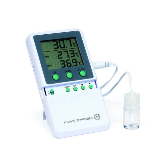 Min./max. alarm thermometer, Type 13030, digitalDigital thermometer for monitoring freezers, refrigerators, and incubators. The temperature sensor is built into a 5 ml plastic bottle filled with ethylene glycol mixture.-Display of current a_1914860