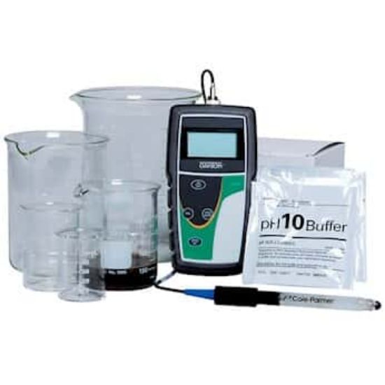 Cole-Parmer soil pH testing kit with meter, soil electrode, beakers and calibration buffers