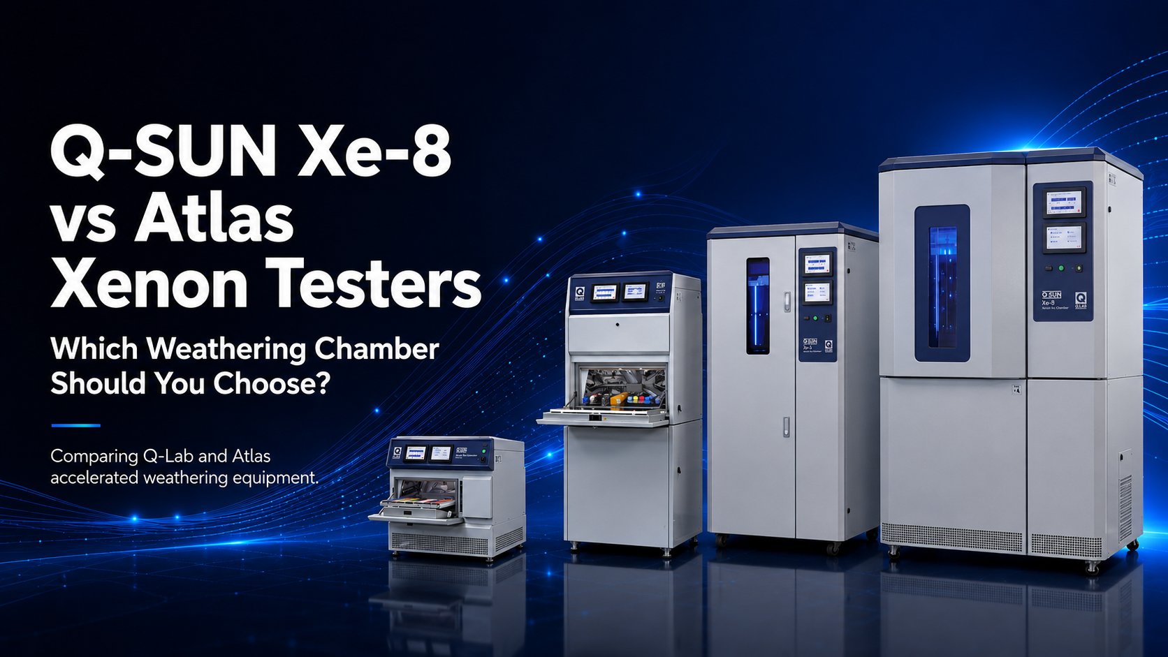 Xenon arc weathering test chamber exposing material specimens to simulated sunlight