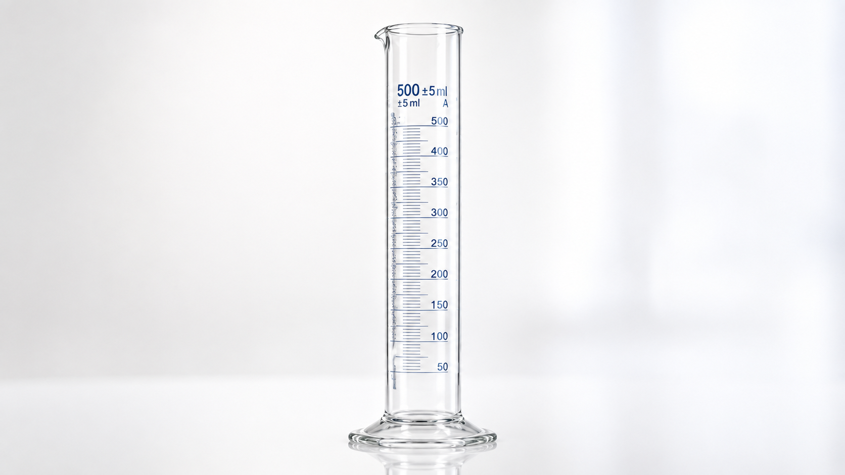 Tall form Class A graduated cylinder, 500 ml, used for common laboratory measuring applications
