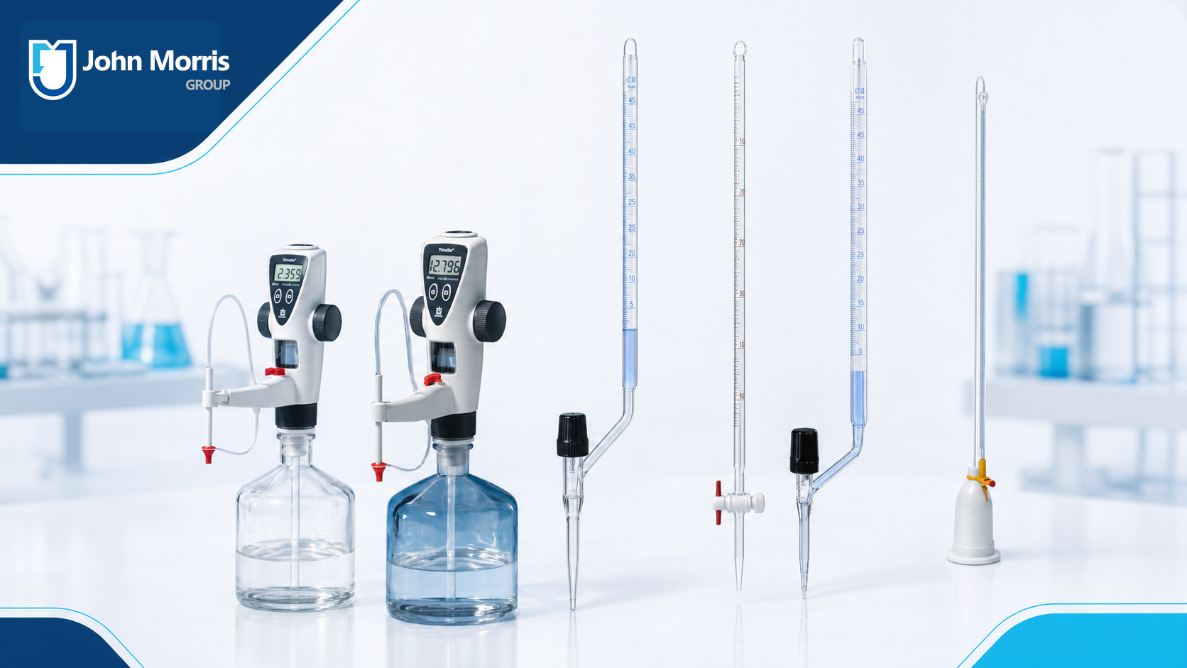 Row of laboratory glass burettes mounted on stands, ready for titration