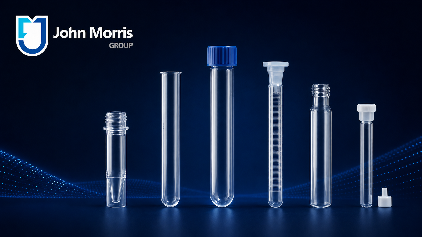 Rack of glass and plastic test tubes of different sizes on a laboratory bench