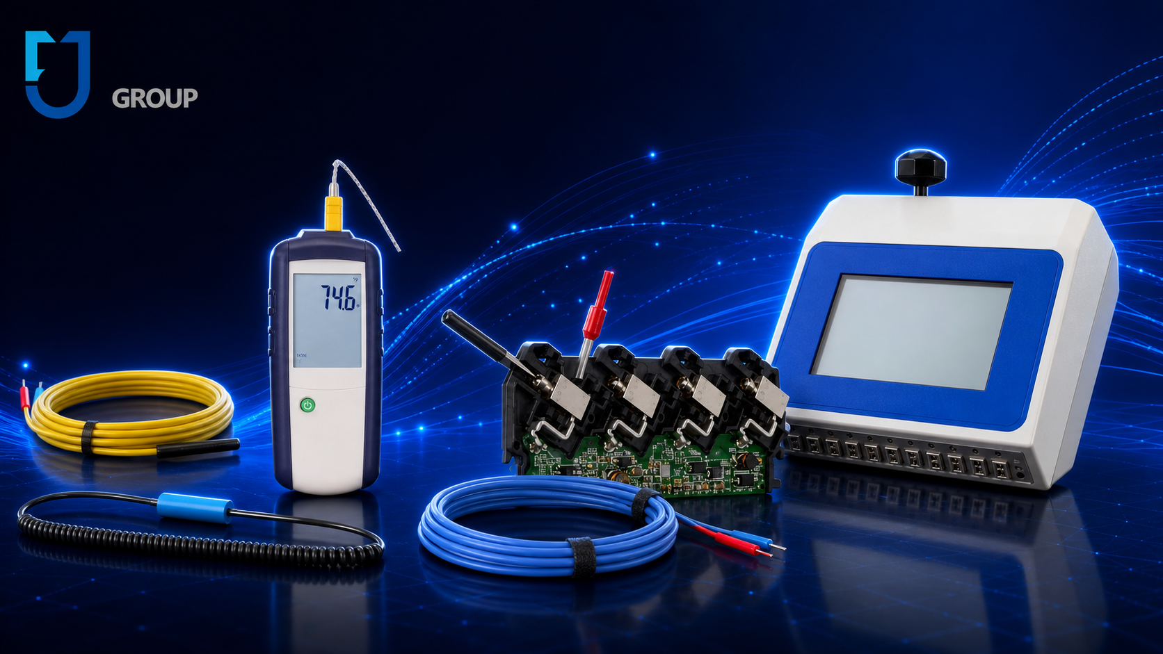Coiled Type K and Type T thermocouple wire probes on a laboratory bench