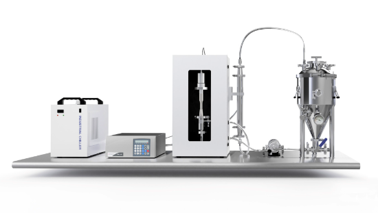 2000 watt ultrasonic processor package with flow cell, heat exchanger and chiller