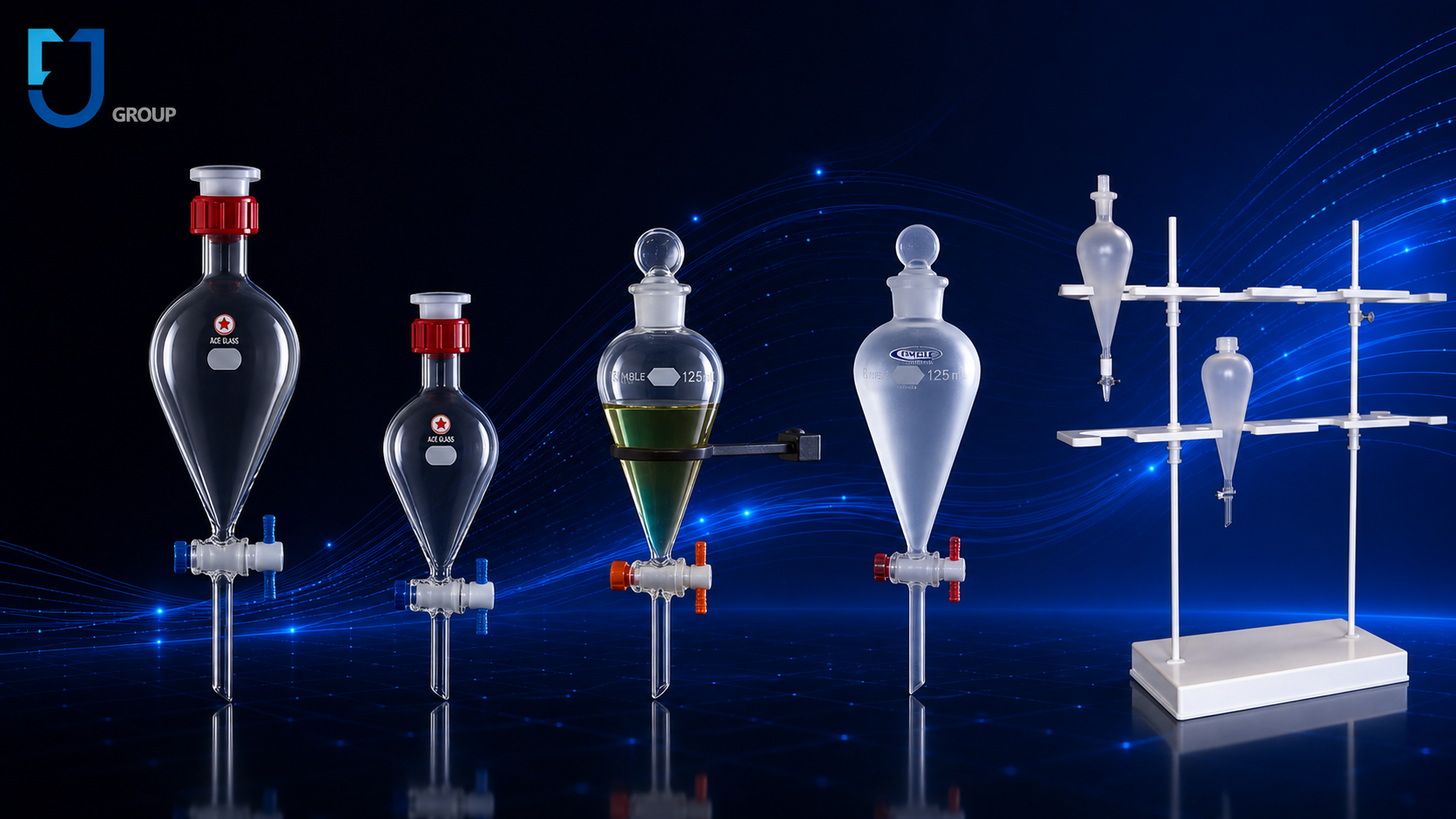 Separating funnel banner, Squibb and pear-shaped funnels with liquid layers