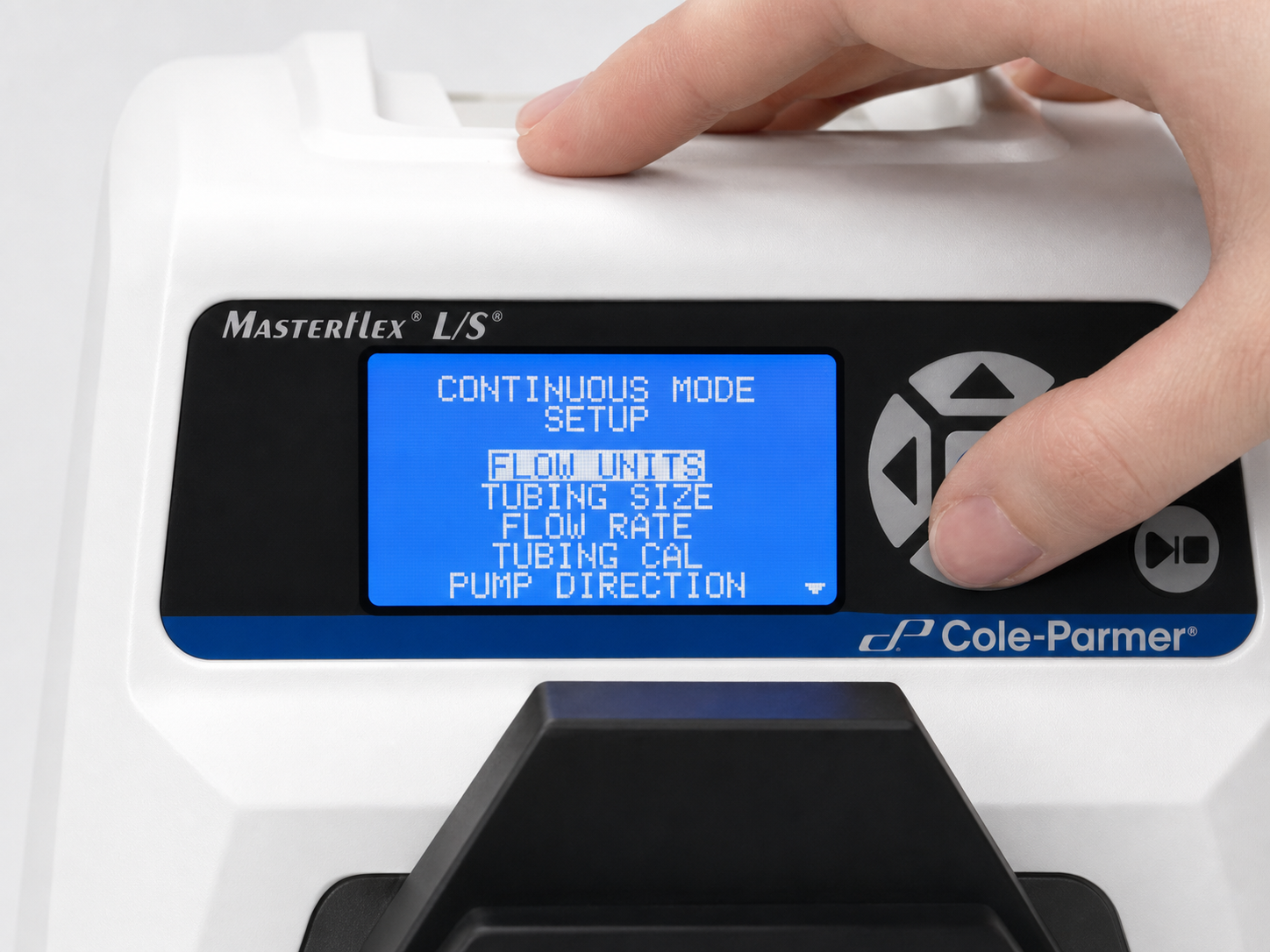 Masterflex L/S digital drive display showing the setup menu with Flow Units, Tubing Size, Flow Rate, Tubing Cal and Pump Direction options