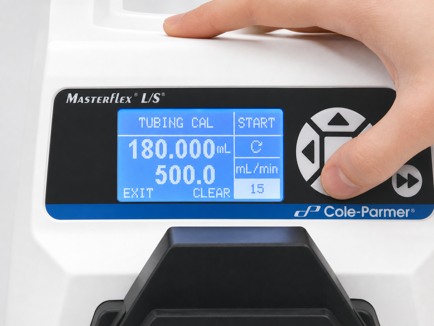 Masterflex L/S digital drive Tubing Cal screen showing a 180 mL calibration target and 500 mL per minute flow rate setting