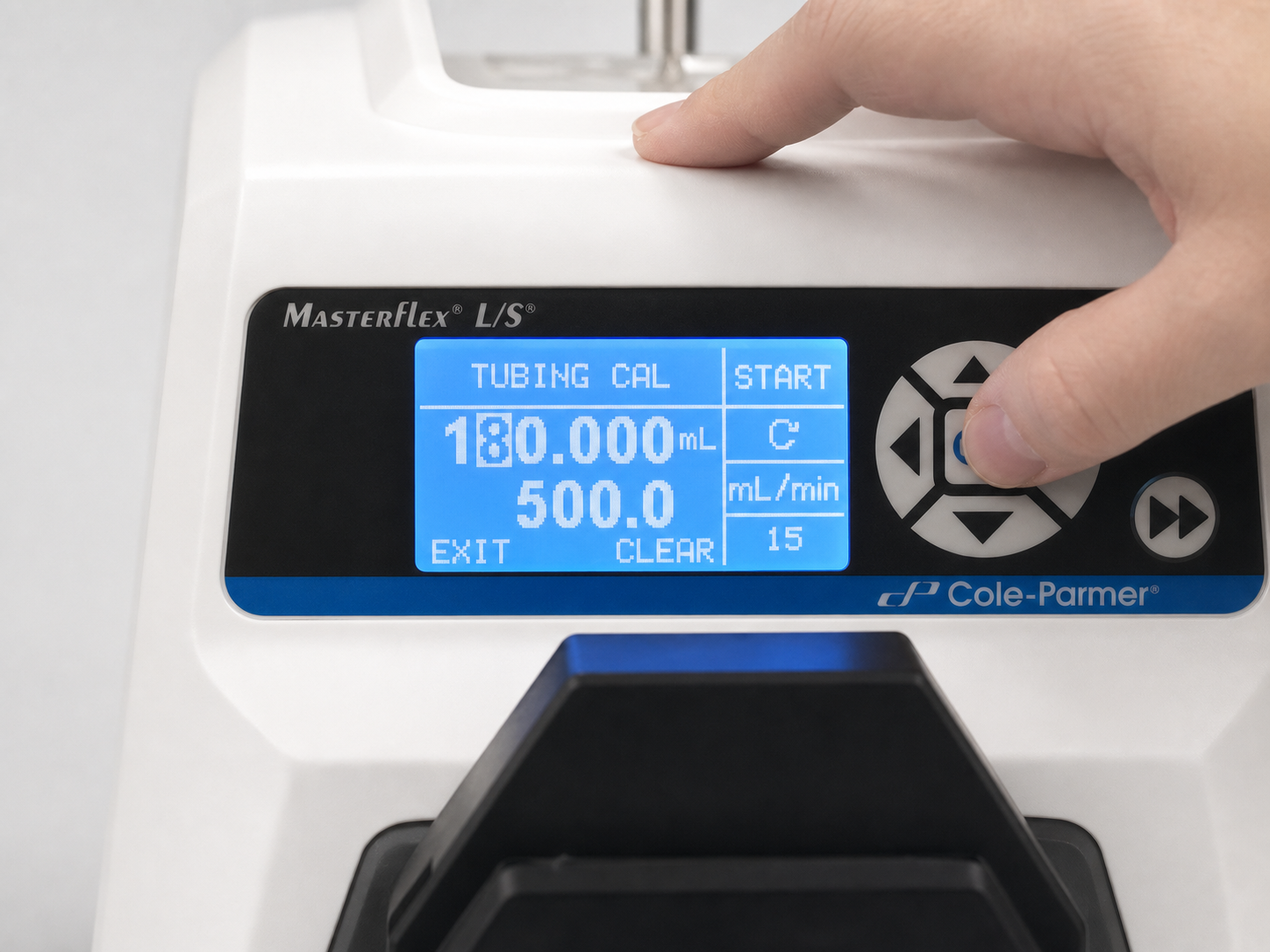 Masterflex L/S digital drive Tubing Cal screen with a digit in the calibration volume field highlighted for editing