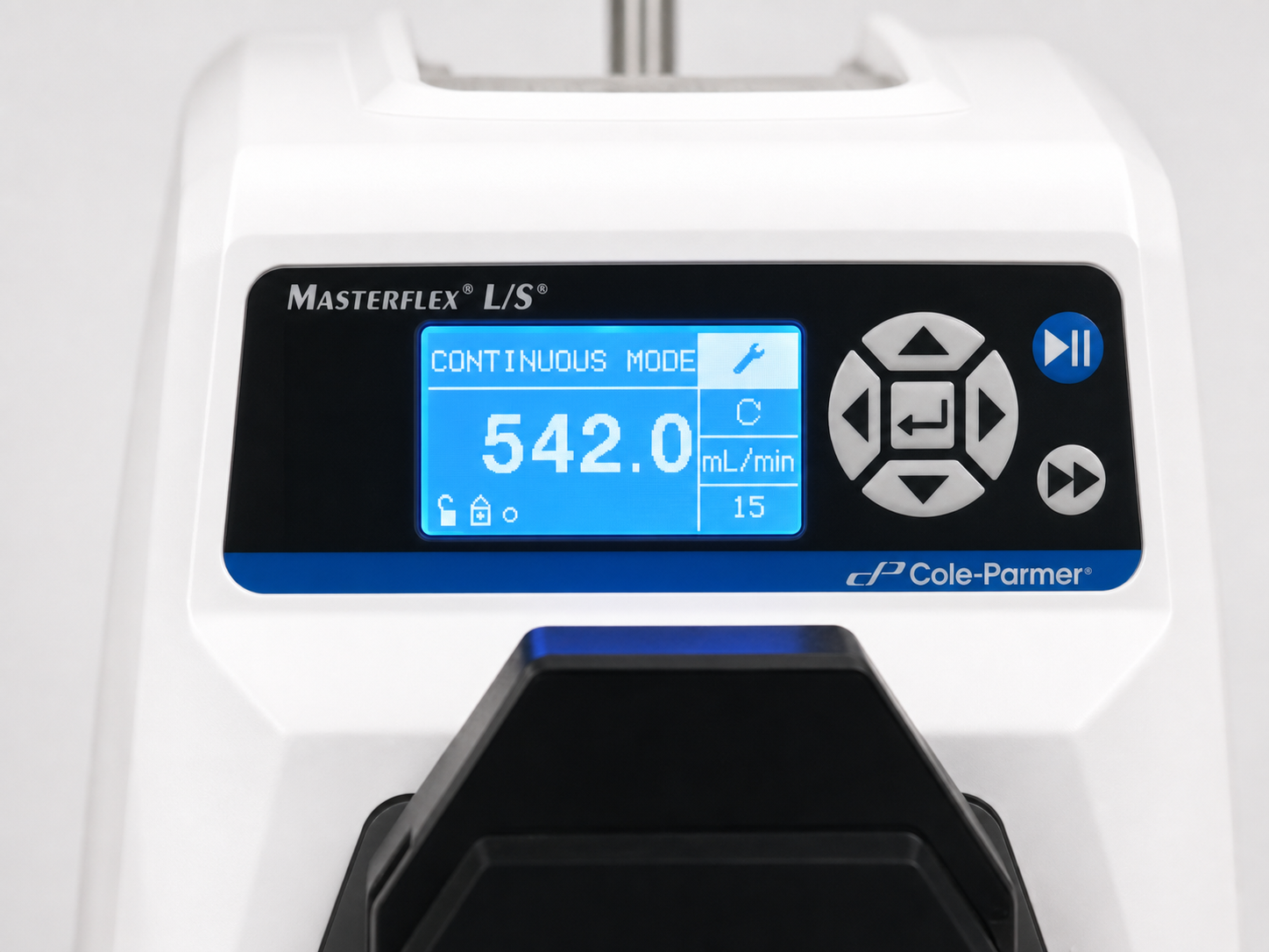 Masterflex L/S digital drive display back in continuous mode after calibration, showing flow rate in millilitres per minute