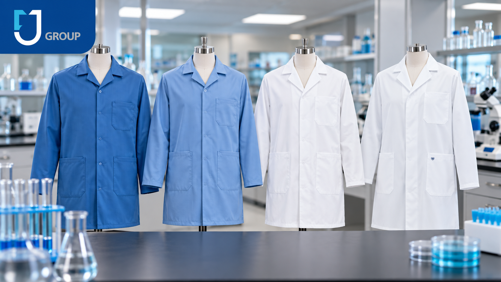 Laboratory staff wearing lab coats at a bench