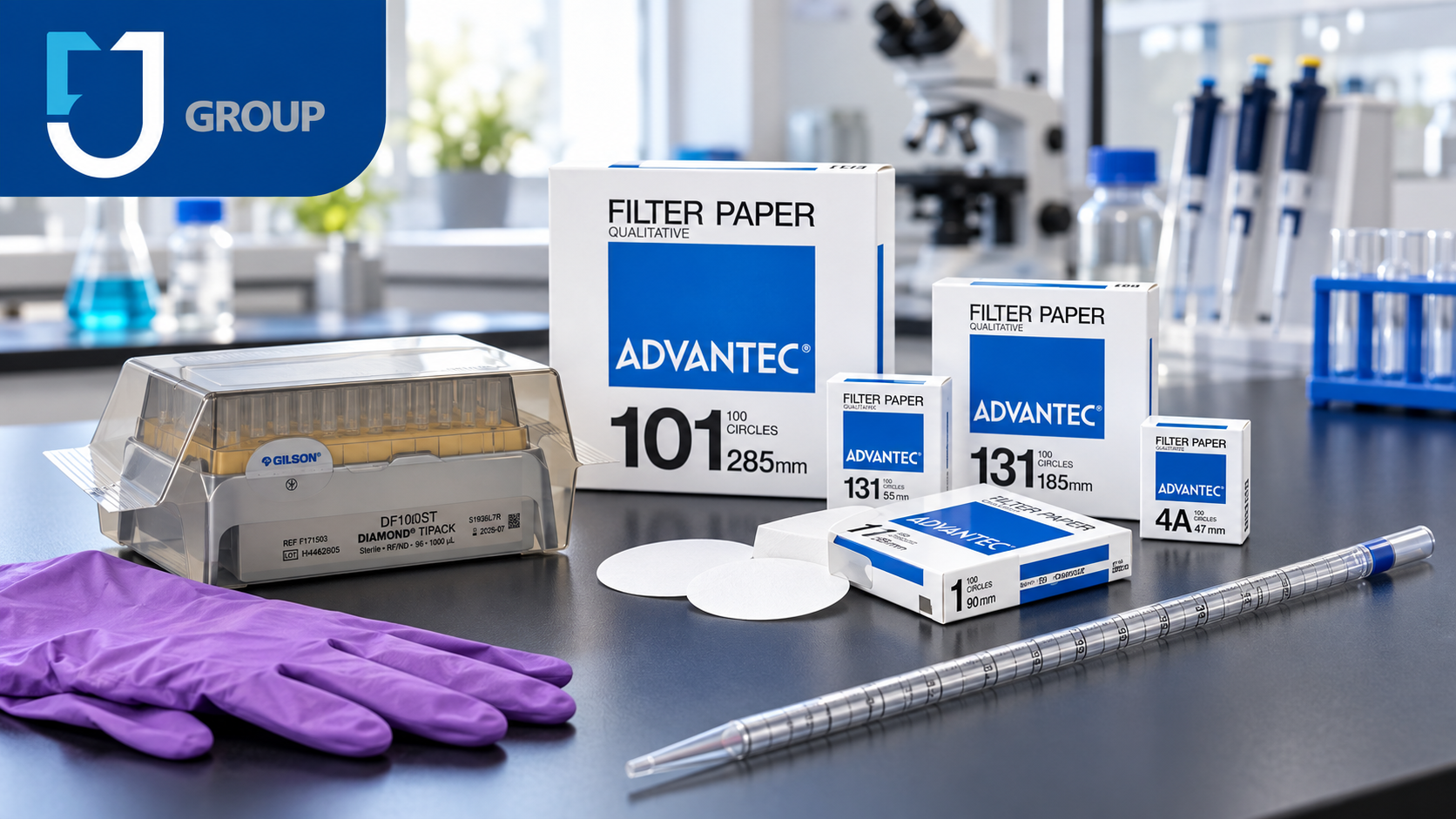 Shelves of laboratory consumables, pipette tips, gloves and filter paper