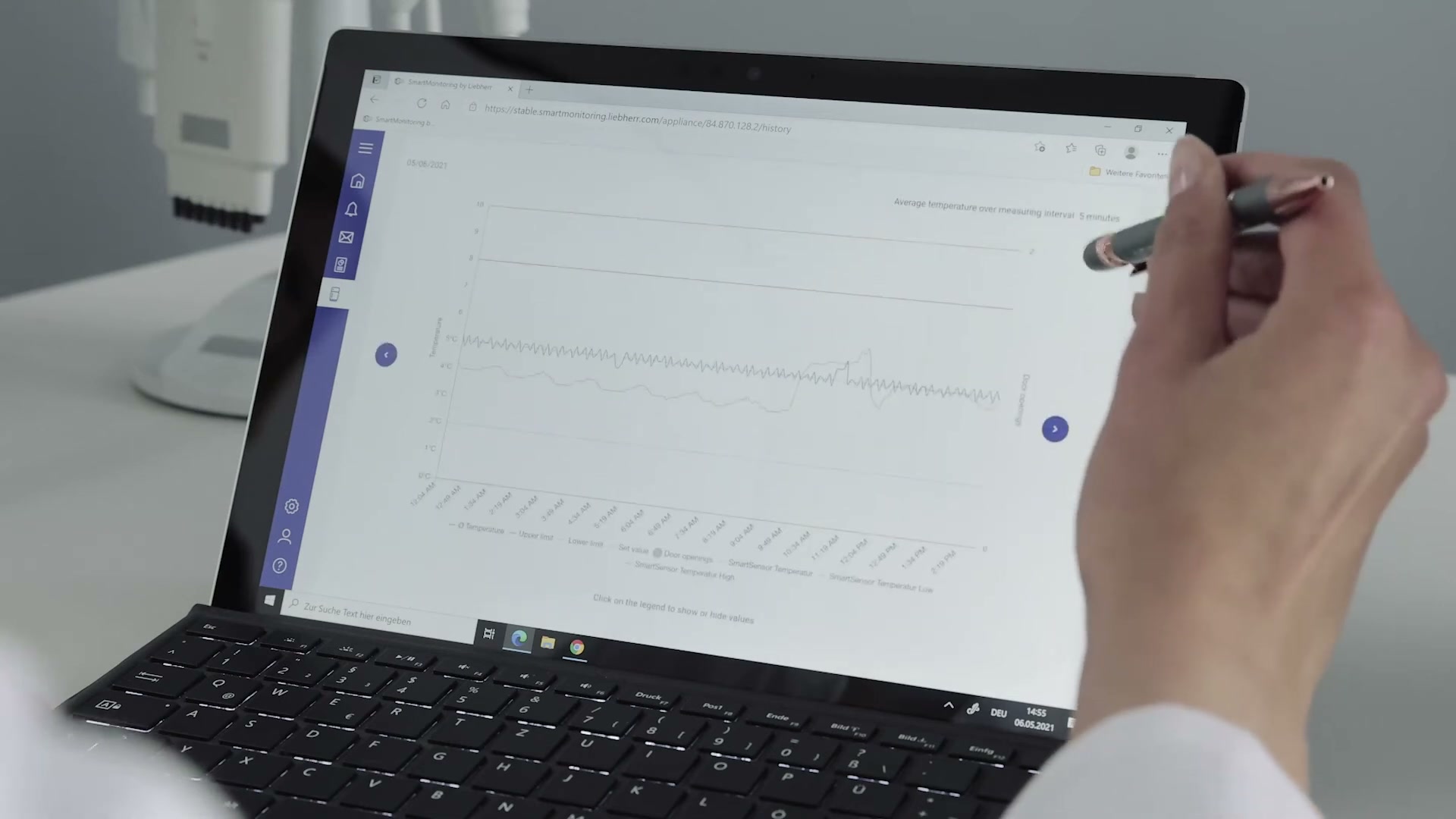 Laptop browser showing the Liebherr SmartMonitoring web dashboard with a temperature history graph