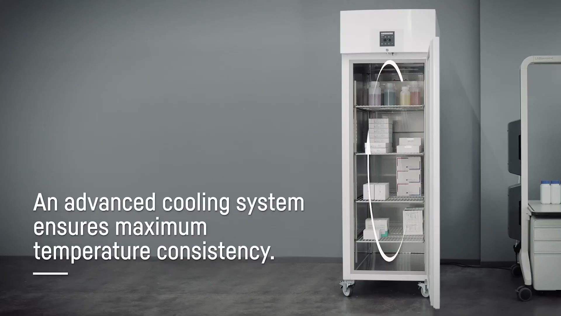 Liebherr fridge shelves stocked with sample bottles and packaging, illustrating the advanced cooling system