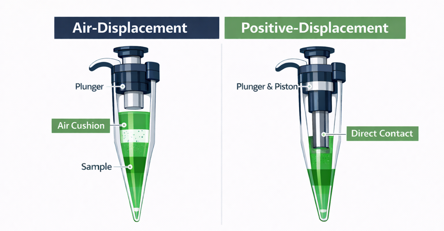 Comparison diagram of Air-Displacement vs Positive-Displacement pipette mechanisms showing air cushion and piston contact.