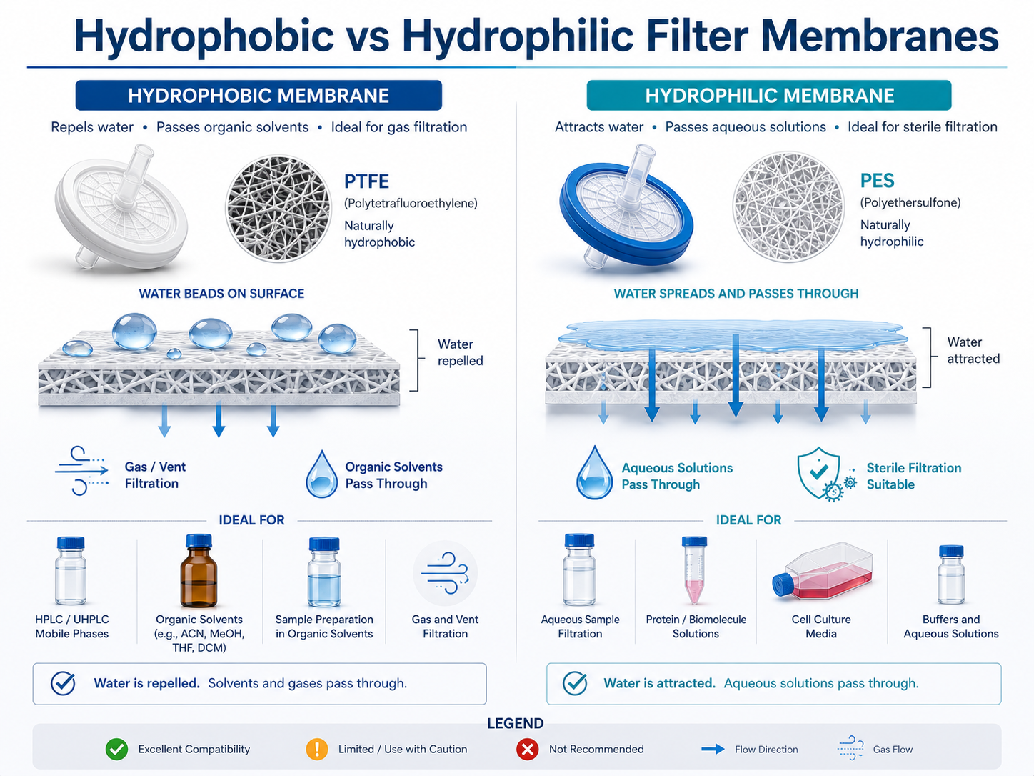 Educational infographic comparing hydrophobic PTFE membranes and hydrophilic PES membranes for aqueous and organic laboratory filtration applications