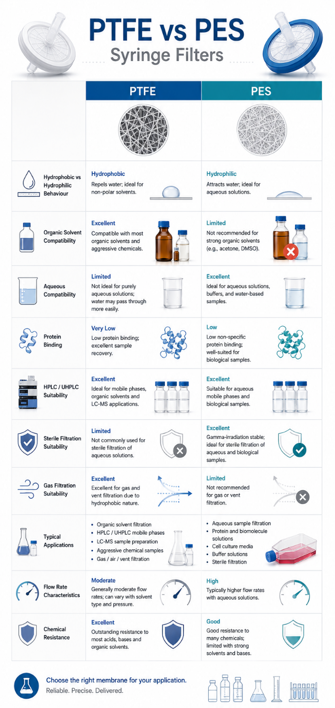 Comparison infographic showing PTFE vs PES syringe filter membrane compatibility, hydrophobic vs hydrophilic behaviour, solvent suitability, protein binding and laboratory filtration applications