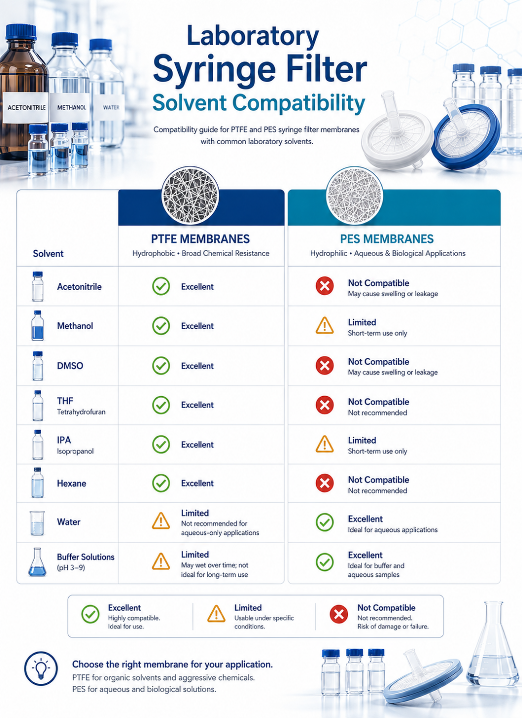 Solvent compatibility chart comparing PTFE and PES syringe filter membranes for HPLC, LC-MS and laboratory solvent filtration workflows