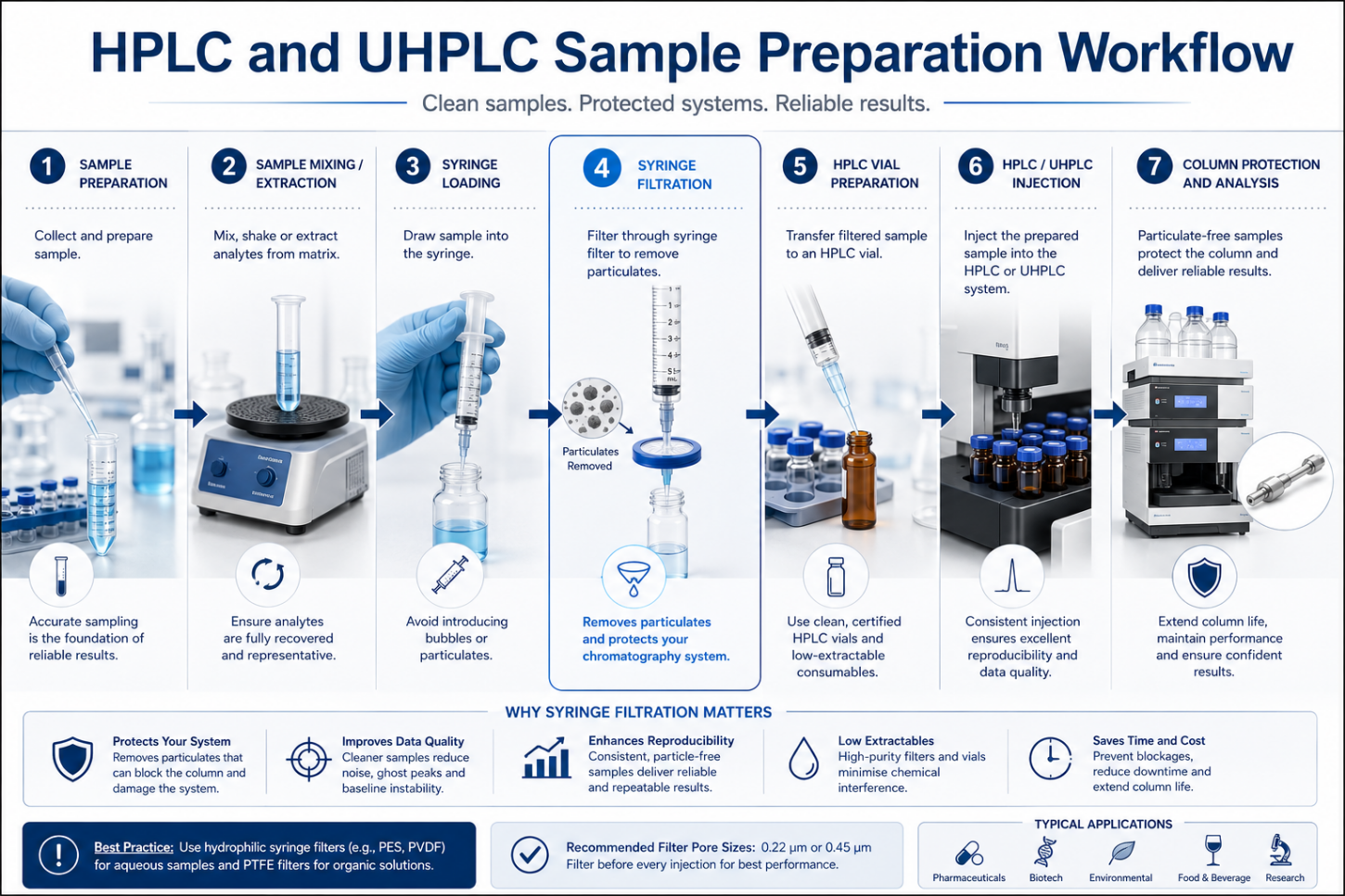 HPLC and UHPLC laboratory sample preparation workflow diagram showing syringe filtration, particulate removal and chromatography instrument protection