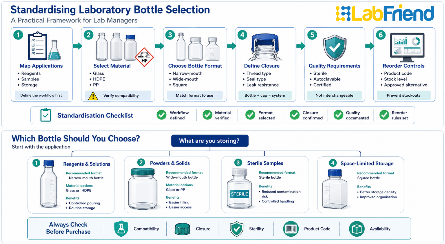 Laboratory bottle selection infographic showing a six-step standardisation roadmap and a decision tree for choosing bottle materials, formats, closures, quality requirements, and storage applications.