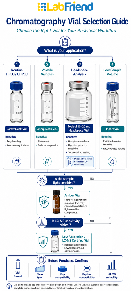 Decision tree showing how to select chromatography vials based on analytical application, including HPLC, UHPLC, headspace analysis, volatile samples, low-volume samples, amber vials and LC-MS-certified vial options.