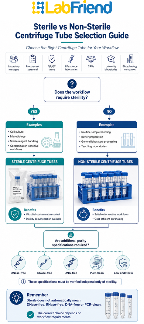 Decision tree showing how to choose sterile or non-sterile centrifuge tubes based on workflow requirements, contamination-control needs and additional purity specifications such as DNase-free, RNase-free, DNA-free and PCR-clean status."