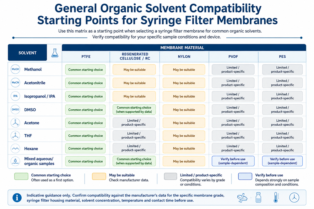 Compatibility matrix showing indicative syringe filter membrane choices for methanol, acetonitrile, DMSO, THF, hexane and mixed aqueous organic samples.