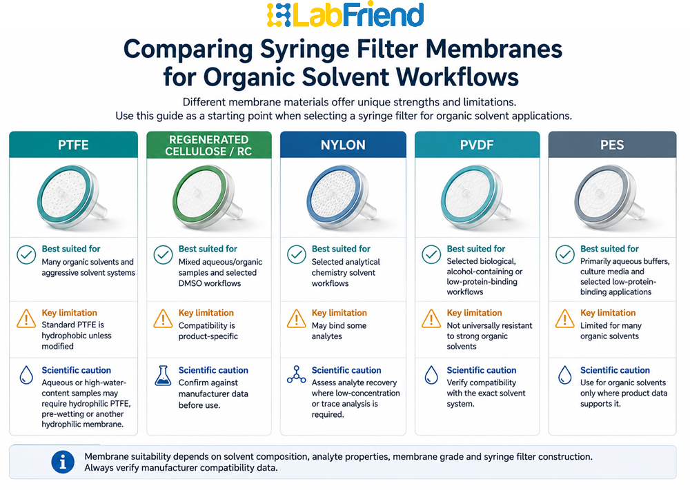 Comparison graphic summarising PTFE, regenerated cellulose, nylon, PVDF and PES syringe filter membranes for organic solvent and mixed sample workflows.