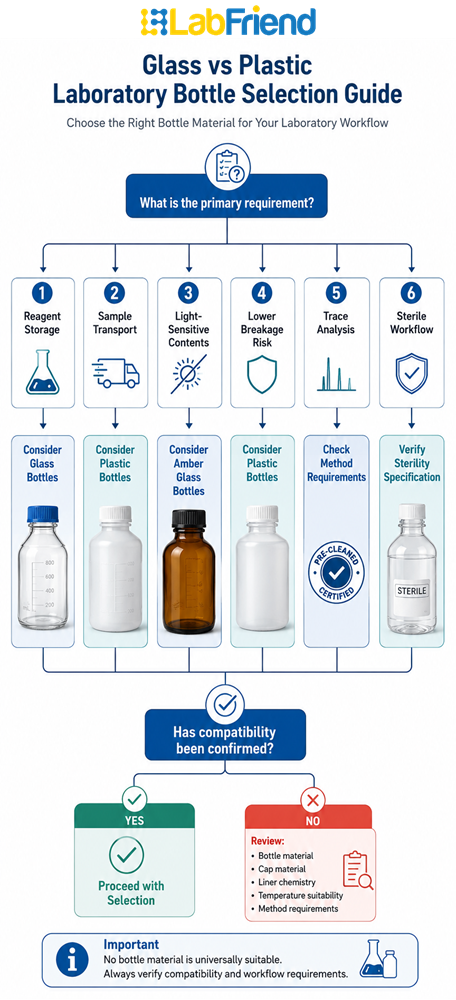 Decision tree for selecting glass or plastic laboratory bottles based on reagent storage, sample transport, light-sensitive contents, contamination control requirements, chemical compatibility and laboratory workflow needs."