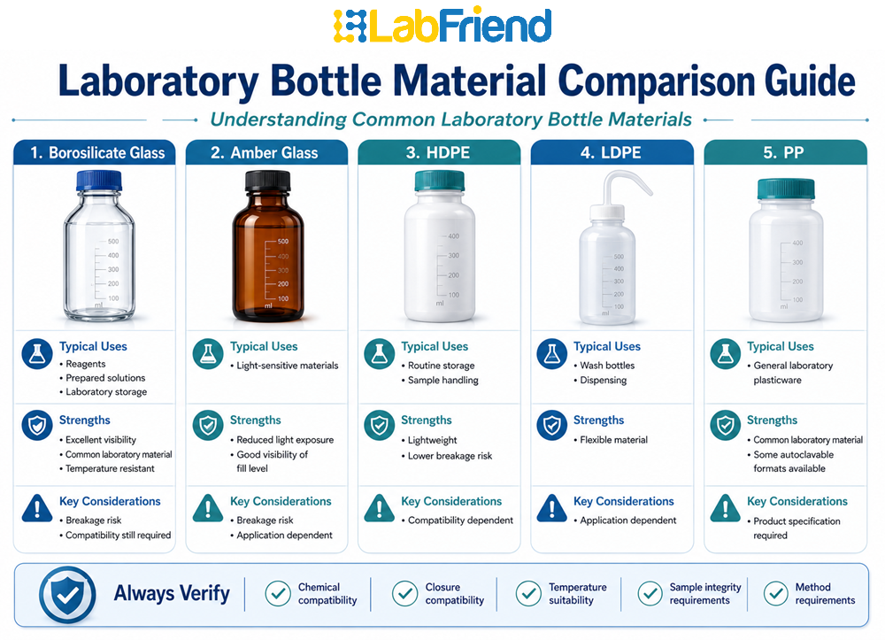 Comparison infographic showing common laboratory bottle materials including borosilicate glass, amber glass, HDPE, LDPE and polypropylene, with typical uses, strengths and selection considerations