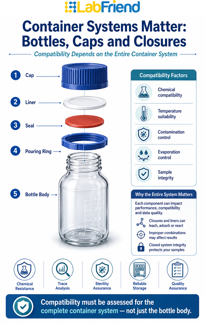Comparison infographic showing common laboratory bottle materials including borosilicate glass, amber glass, HDPE, LDPE and polypropylene, with typical uses, strengths and selection considerations.