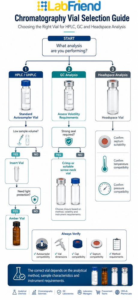 Decision tree showing how to select chromatography vials for HPLC, UHPLC, GC and headspace analysis based on analytical technique, sample characteristics, vial format, closure requirements and instrument compatibility.