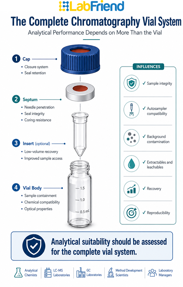 Exploded-view chromatography vial system showing vial body, cap, septum and insert with callouts highlighting seal integrity, autosampler compatibility, contamination control, analyte recovery and analytical performance
