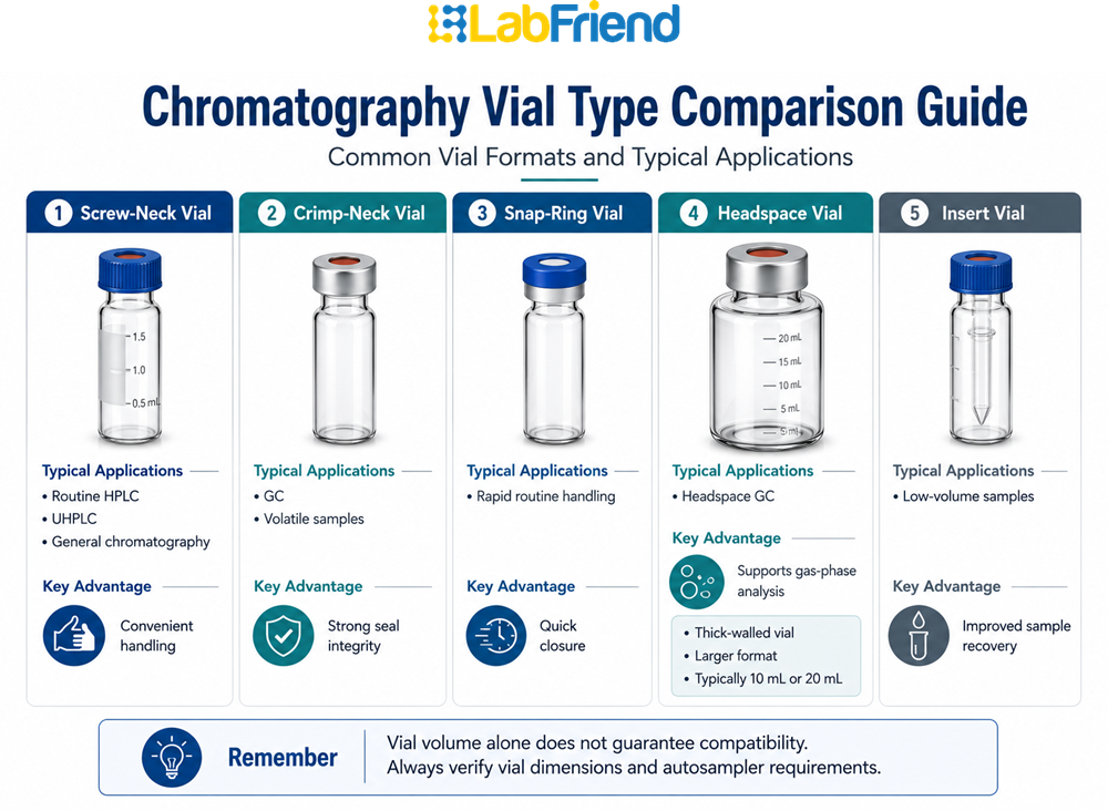 Comparison chart showing screw-neck, crimp-neck, snap-ring, headspace and insert chromatography vials with their typical applications, closure styles and key analytical advantages