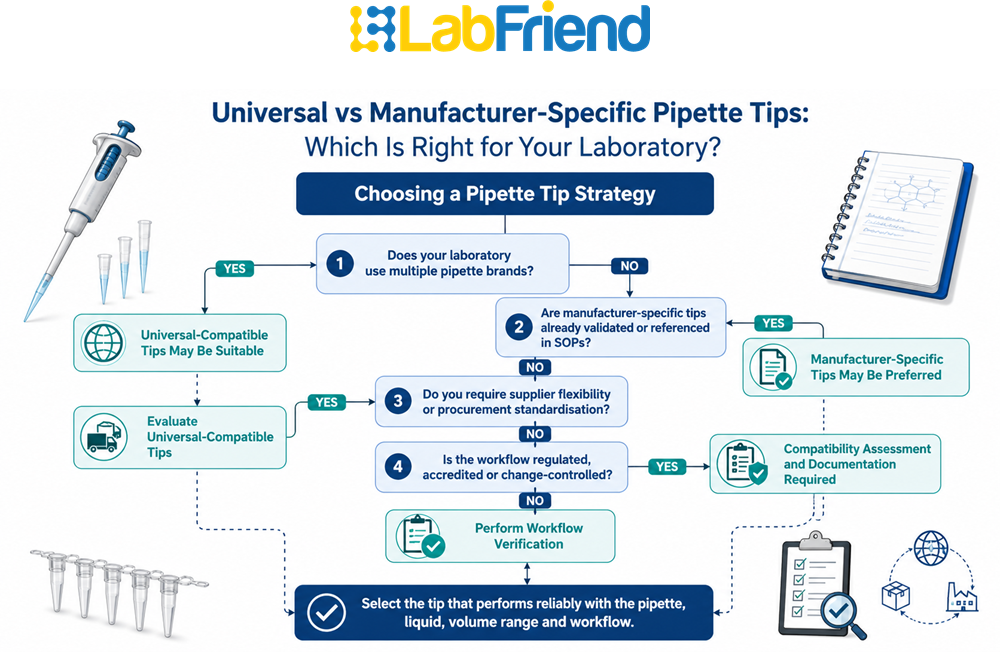 Decision tree showing when laboratories may choose universal-compatible or manufacturer-specific pipette tips based on validation status, workflow requirements and procurement considerations.
