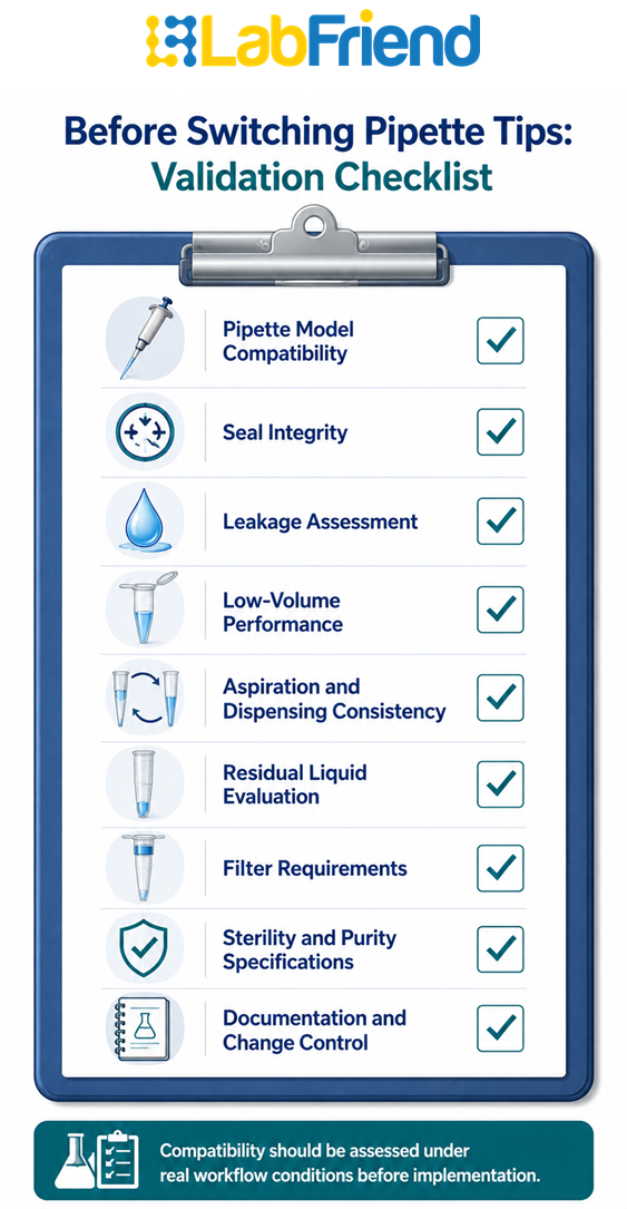 Laboratory checklist showing key assessments before switching pipette tips including compatibility, seal integrity, low-volume performance, filter requirements and workflow documentation.
