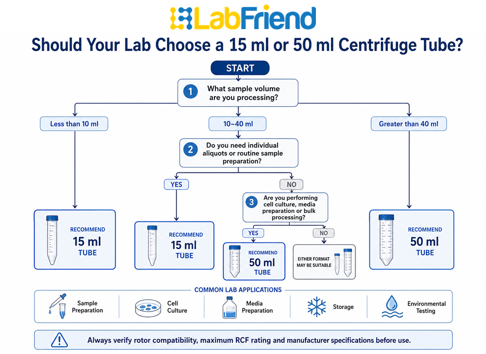 Decision tree showing when laboratories should choose 15 ml or 50 ml centrifuge tubes based on sample volume and workflow requirements
