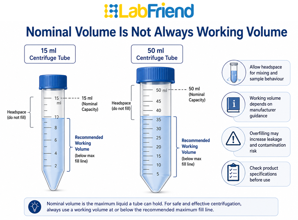 Illustration showing nominal capacity and recommended working volume in 15 ml and 50 ml centrifuge tubes