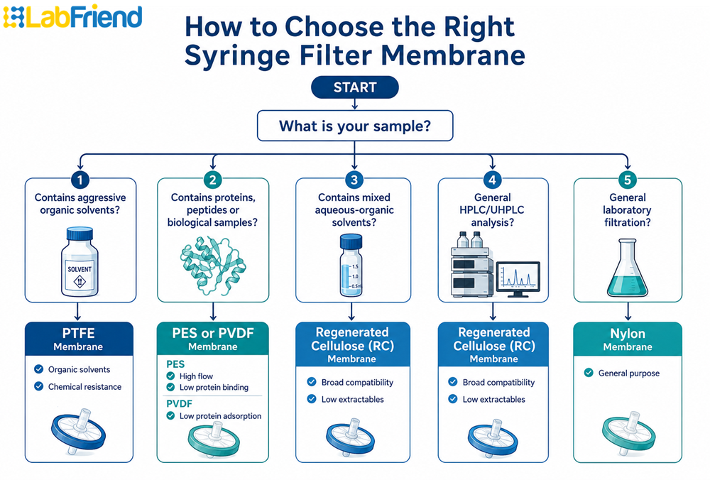 Decision tree showing how to select RC, PTFE, PES, PVDF and Nylon syringe filter membranes based on sample type and solvent compatibility."