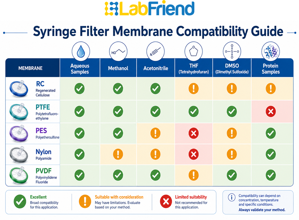 Heat map comparing syringe filter membrane compatibility with aqueous samples, organic solvents and protein-containing samples.