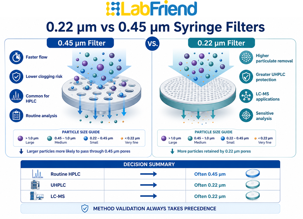 Comparison of 0.22 micron and 0.45 micron syringe filters showing particle retention and typical HPLC and UHPLC applications.