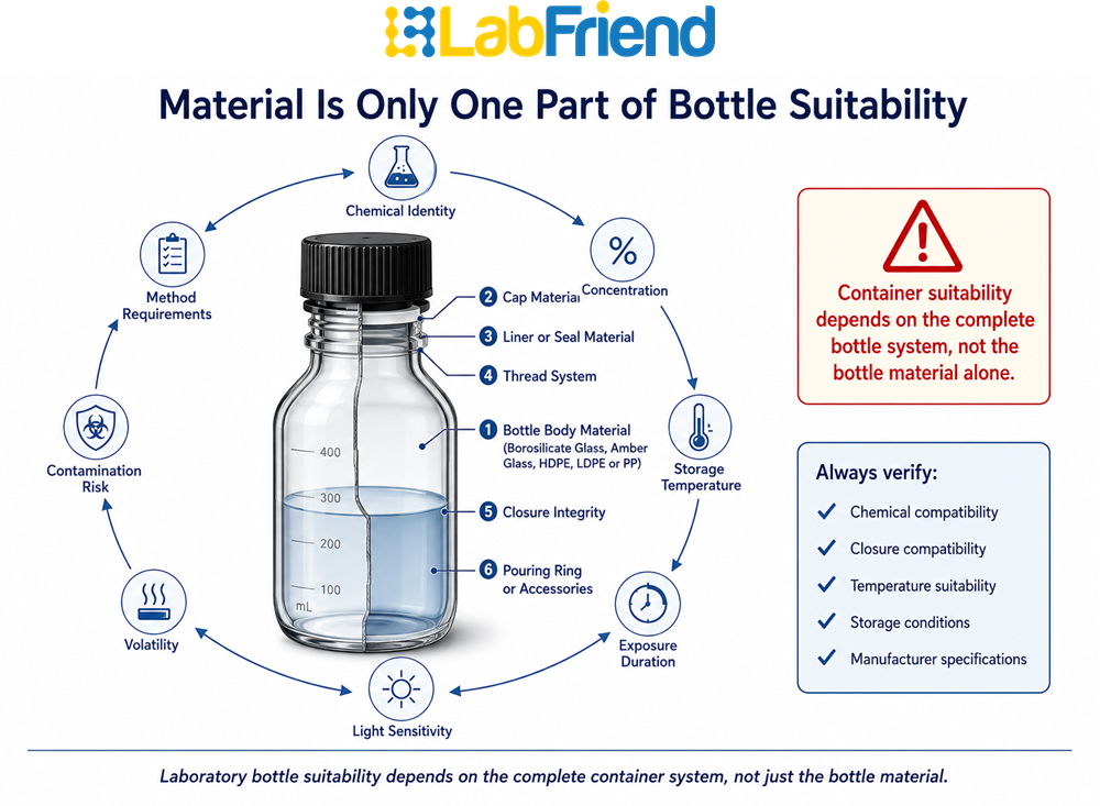 Laboratory bottle compatibility diagram showing bottle material, cap material, liner, closure system, storage conditions and chemical compatibility factors