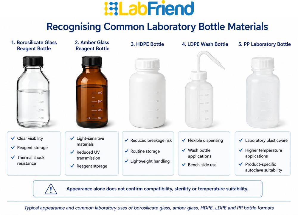 Visual identification guide showing borosilicate glass reagent bottles, amber glass bottles, HDPE bottles, LDPE wash bottles and polypropylene laboratory bottles