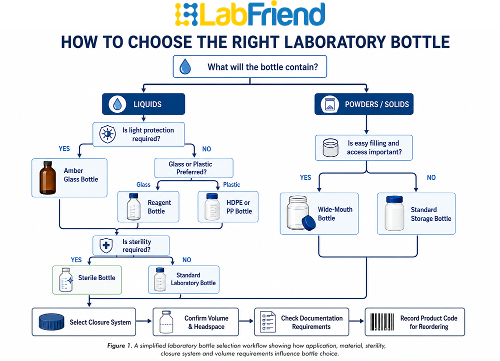 Laboratory bottle selection decision tree showing how application, material, sterility, closure system and volume determine the appropriate bottle type.